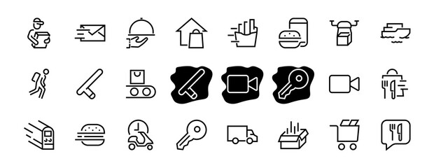 PIZZA DELIVERY, and Food Icon Set Vector thin line, contains courier, home delivery, food ordering, fast transport, drone, ship, car, editable stroke. ICONS circuits