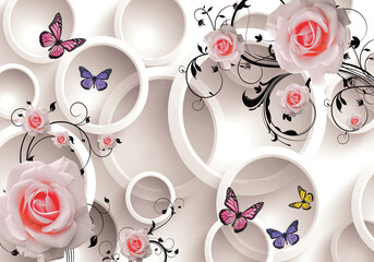 Beautiful Pink Rose And Butterflies With Ring 3d illustration Wallpaper Design