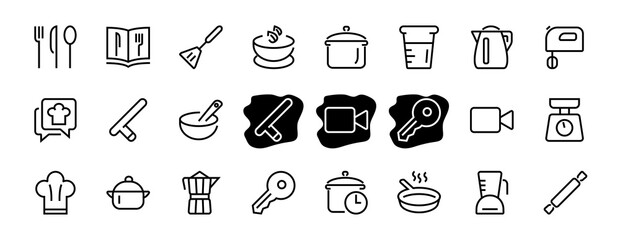 Set of icons for cooking and kitchen, vector lines, contains icons such as a knife, saucepan, boiling time, mixer, scales, recipe book. Editable stroke, perfect 480x480 pixels, white background