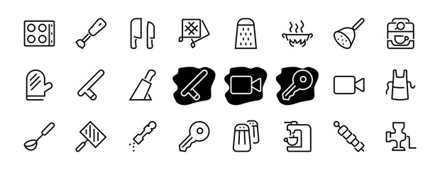 KITCHEN ICON Cooking process, Kitchen tools, Icon set, thin line vector has a blender, oven, knife, grater, barbecue, apron, barbecue, grill, coffee machine, kitchen glove, Editable stroke