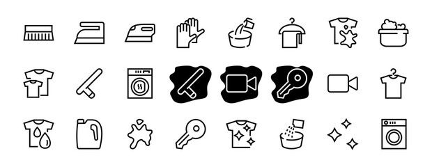 Simple set of washing related vector line Icons. Contains icons such as washing machine, powder, laundry, dirty t-shirt and much more. On a white background, editable stroke. 48x48 pixels perfect