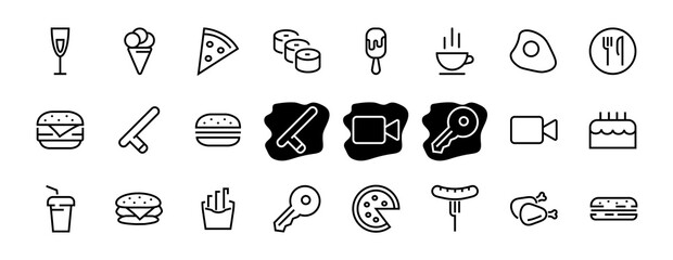 A simple set of fast food icons related to the vector line. Contains icons such as pizza, burger, sushi, bike, scrambled eggs and more. EDITABLE stroke. 480x480 pixels perfect, EPS 10