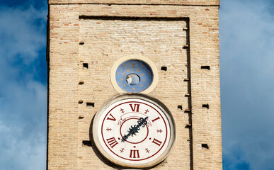Italy, Tolentino ,central square of the city, Clock Tower, detail of the lunario and the italic clock