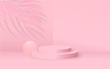 Minimal background for branding and packaging presentation. bright podium with palm leaves background.