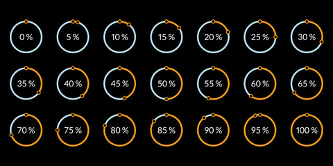 Percentage pie chart set. Circle percent diagram or chart with progress bar. Infographic design template for business process, data statistic, web loading process. Vector illustration.