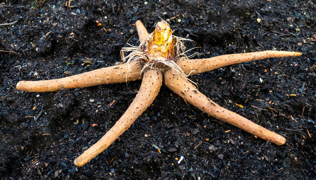 Close up of the bulb of a foxtail lily (Eremurus)
