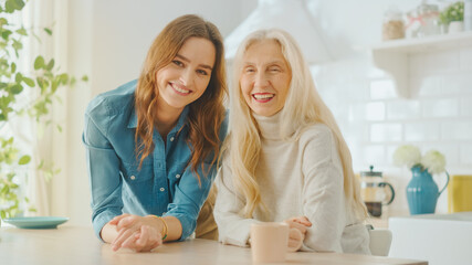 Beautiful Joyful Granddaughter in Jeans Shirt and Happy Senior Grandmother are Posing Together in a Sunny Modern Home Kitchen with Healthy Lifestyle Vibes. Family Set, Smile and Laugh.