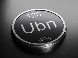 Unbinilium element 120, from periodic table on futuristic round shiny metallic icon 3D render	