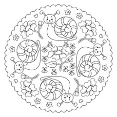 Coloring page mandala for kids with snail, flower and bee.