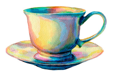 Multicolored watercolor tea cup and saucer isolated on white. 