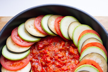 Ratatouille. Vegetables prepared for making ratatouille in frying on stove