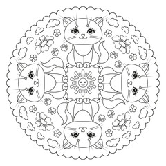 Coloring page mandala for kids with sun, kitten, paws, flower, clouds. 