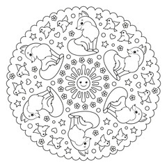 Coloring page mandala with sun, fox and birds.