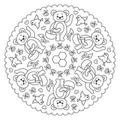 Coloring page mandala with bear, bird, bee and honeycomb.