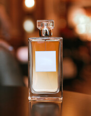 botella de perfume con luces de fondo doradas