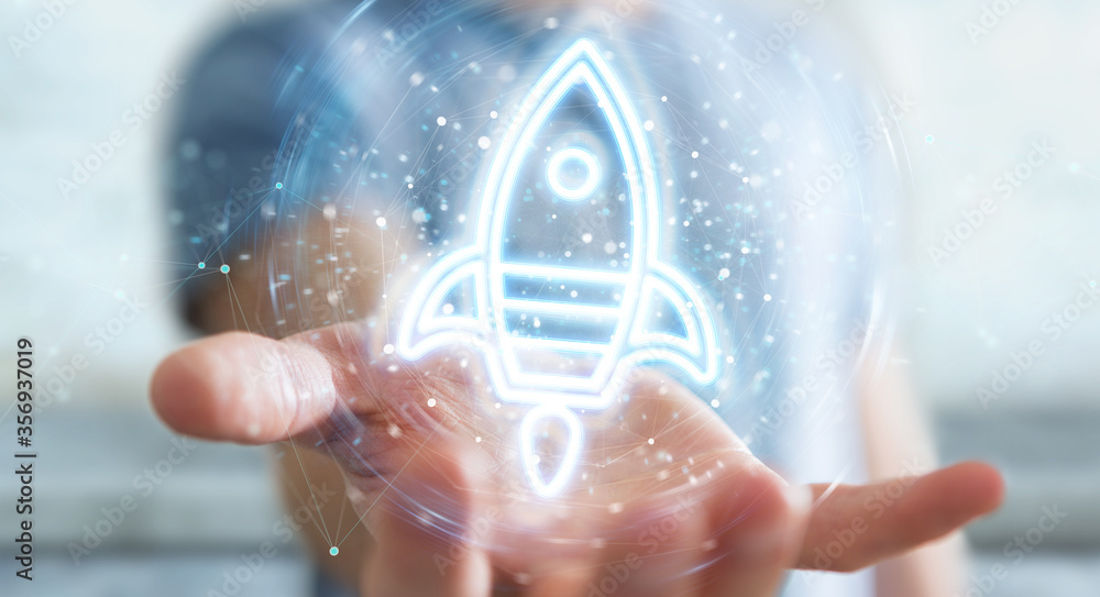 Poster Man using startup digital neon interface 3D rendering