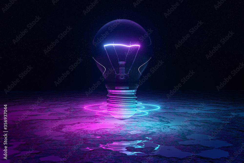 Aufkleber Lightbulb illuminating reflecting floor with blue and pink neon light 3D rendering