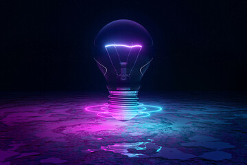 Lightbulb illuminating reflecting floor with blue and pink neon light 3D rendering
