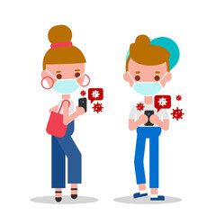 Young man and woman checking their smartphone for news about Covid-19 virus pandemic. Flat design style vector cartoon characters.