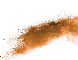 Fototapeta na wymiar Brown powder explosion on white background.