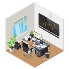 Programmer working at home. Person isolated at home office. Remote work isometric illustration.