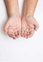 The hand showing the expression on a blank white background