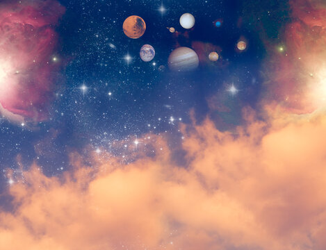 abstract fantasy magic mystic mystical esoteric astrology background with planets, mystical cludy sky and stars 