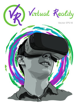 Man wearing virtual reality goggles. Hand drawn vector illustration, sketch