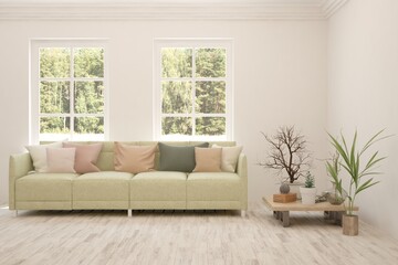 White living room with sofa and summer landscape in window. Scandinavian interior design. 3D illustration