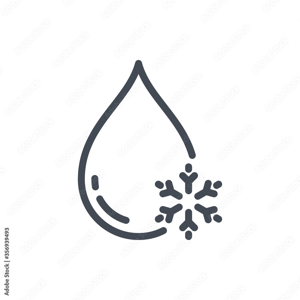 Poster Freezing Water or Drop of Water with Snowflake line icon. No Frost vector outline sign.