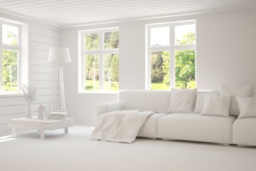 White living room with sofa and summer landscape in window. Scandinavian interior design. 3D illustration