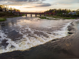 Areal drone photo view of Venta rapid and old brick bridge.