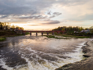 Areal drone photo view of Venta rapid and old brick bridge.