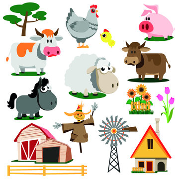 Set of cartoon characters, farm inhabitants. Farm buildings and facilities. Vector illustration.