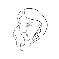 Minimal line vector woman. Linear glamour portrait woman. Portrait of girl. Linear glamour logo in minimal style for beauty salon, beautician, makeup artist, stylist. Continuous line.
