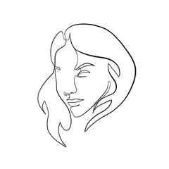 Minimal line vector woman. Linear glamour portrait woman. Portrait of girl. Linear glamour logo in minimal style for beauty salon, beautician, makeup artist, stylist. Continuous line.