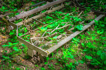Alte benutzte und rostige Egge am Rand einer Waldlichtung im bayerischen Wald