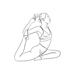 Healthy lifestyle. Woman doing yoga. Girl stretching. Linear silhouette of beauty female body in yoga position isolated on white background. Continuous line art. 