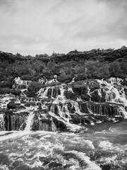 Incredibly beautiful Hraunfossar Waterfall. Lava waterfalls. waterfall flowing down from the lava fields on the canyon of the hvita river, Popular tourist attraction in Iceland. Iceland's clean water