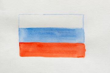 Image of the Russian flag in watercolor on watercolor paper. Handmade work. Creative background. Illustration of the national flag of Russia.