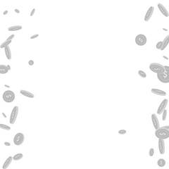 American dollar coins falling. Scattered black and