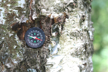 round compass on natural background as symbol of tourism, travel and outdoor activities