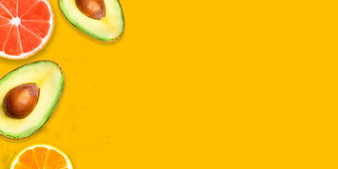 Avocado, grapefruit, orange background. Space for text. Summer wallpaper. Top view fruit minimal concept.