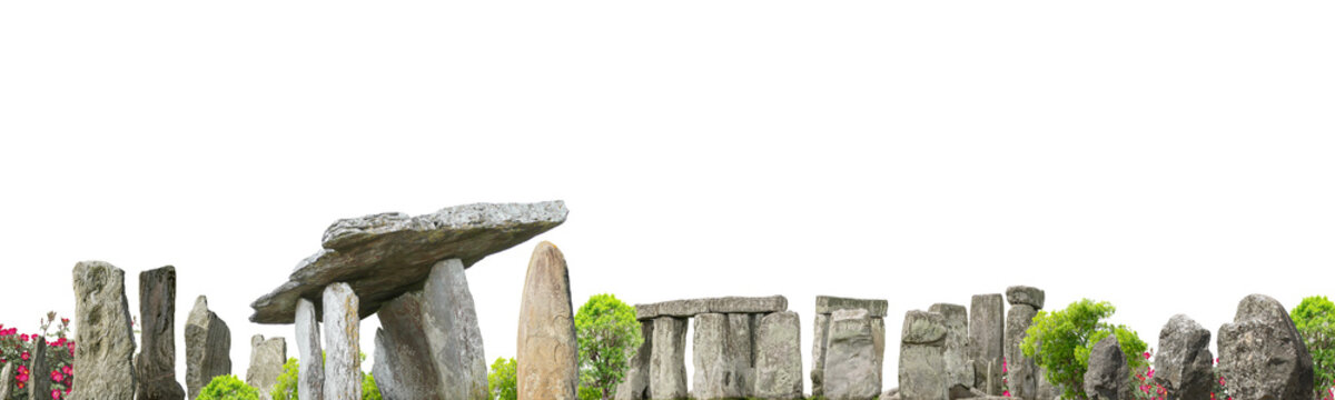 Banner with some prehistoric landmarks (Stonehenge, Carnac, Poulnabrone dolmen...) isolated on white background