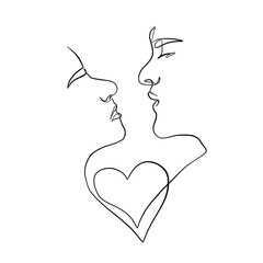 Linear couple in minimal style. One continuous line drawing lovers. Logo couple in love. Silhouette male and female. Vector design for Valentines day, wedding invitations.