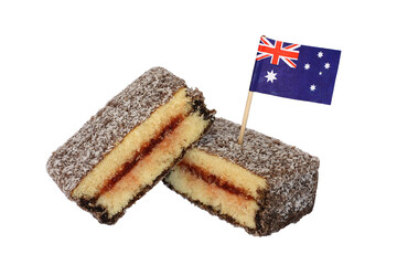Delicious jam-filled lamington, a traditional Australian cake, with Australian flag, isolated on white.