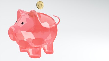 Coins fall into a pink glass piggy bank - a symbol of wealth, frugality and effective investment planning and business. Symbol of financial success. Cash money savings.. 3d rendering.