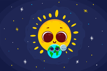 Fototapeta premium Earth Day 22 April! Cute Sun Earth and Moon Cartoon Illustration