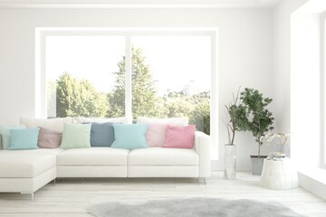 White living room with sofa and summer landscape in window. Scandinavian interior design. 3D illustration