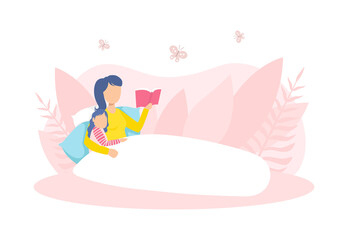 Mother Reading Book to Her Daughter in the Bed, Loving Mom and Her Child in Everyday Life at Home Vector Illustration